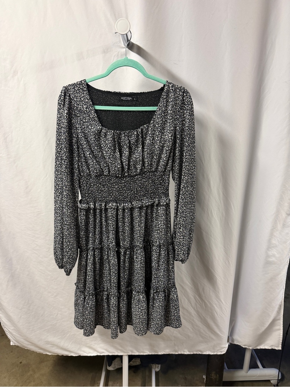 Nasty Gal Black Floral Smocked Tiered Long Sleeve Dress